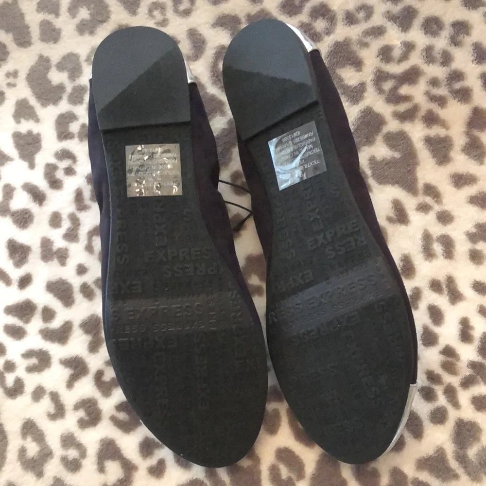 Express Black Faux Suede Silver Metallic Round Toe Ballet Flats Size 9